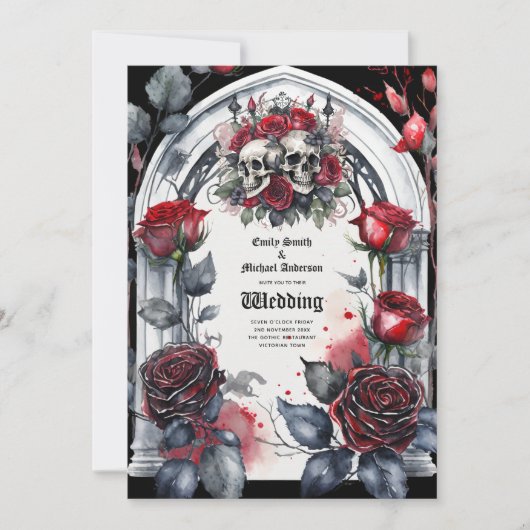 Invitation Mariage gothique Rouge Noir Rose Crânes Arch (Devant)