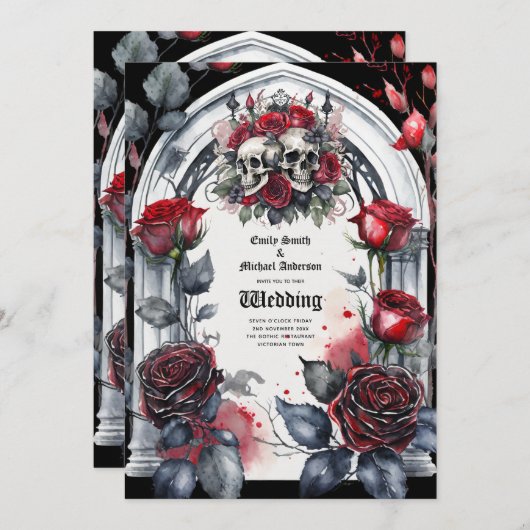 Invitation Mariage gothique Rouge Noir Rose Crânes Arch (Devant / Derrière)