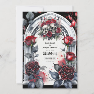 Invitation Mariage gothique Rouge Noir Rose Crânes Arch