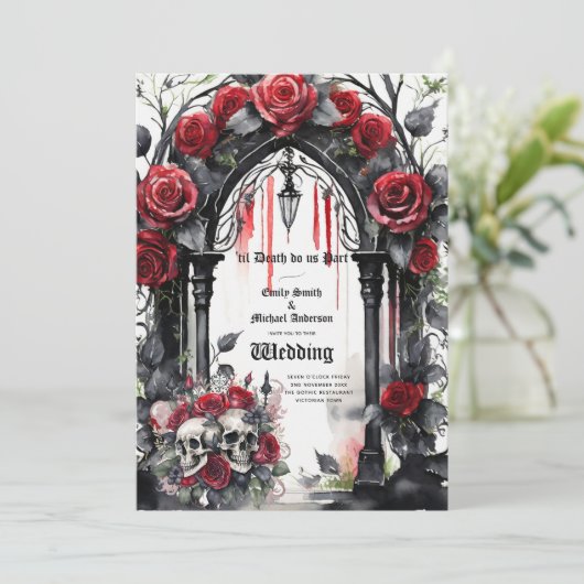 Invitation Mariage gothique Rouge Noir Rose Crânes Arch (Debout devant)