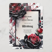 Invitation Mariage gothique Rouge Noir Rose Crânes Arch (Devant / Derrière)