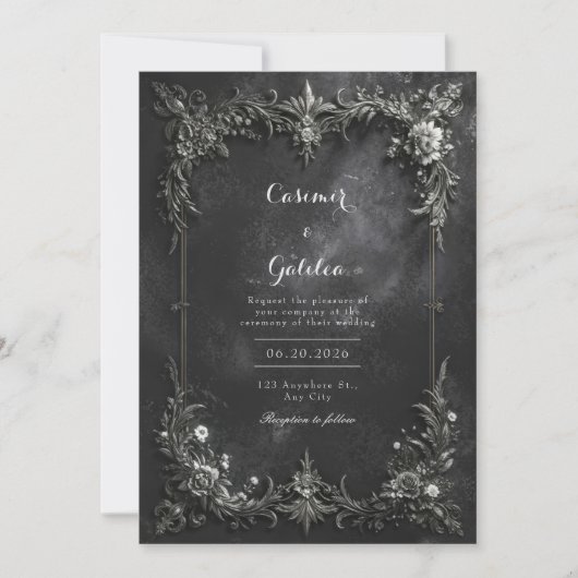 Invitation Mariage gothique sombre à motifs floraux métallisé (Devant)