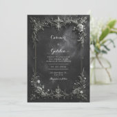 Invitation Mariage gothique sombre à motifs floraux métallisé (Debout devant)