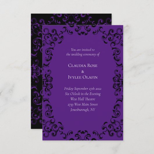 Invitation Mariage gothique violet et noir (Devant / Derrière)