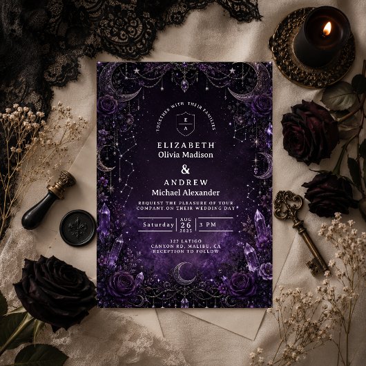 Invitation Mariage gothique violet romantique