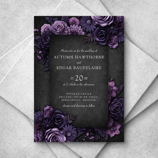 Invitation Mariage gothique violet Rose noir