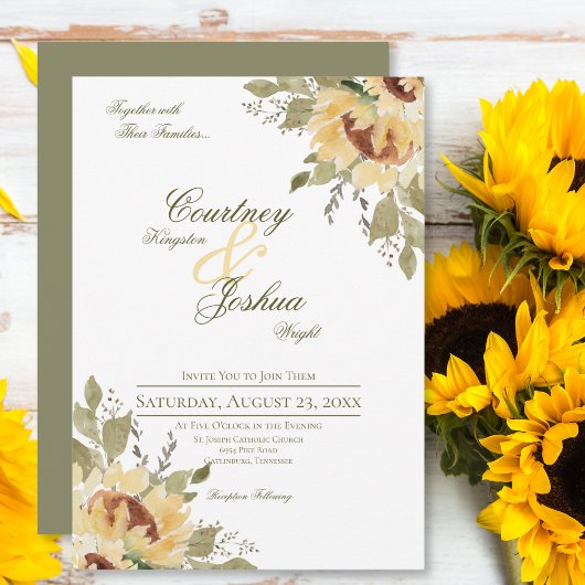 Invitation Mariage Grand Tournesol Vert Rustique Douce