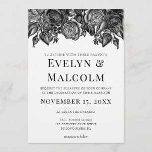 Invitation Mariage Gravure Antique Roses Noires et Blanches