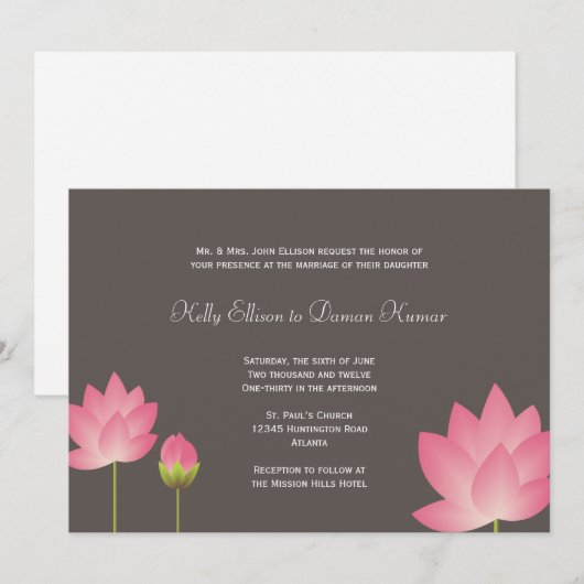 Invitation mariage gris ardoise moderne aux fleurs de lotus b (Devant / Derrière)