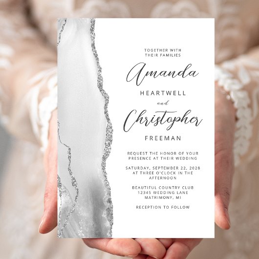 Invitation Mariage gris argent à script Agate