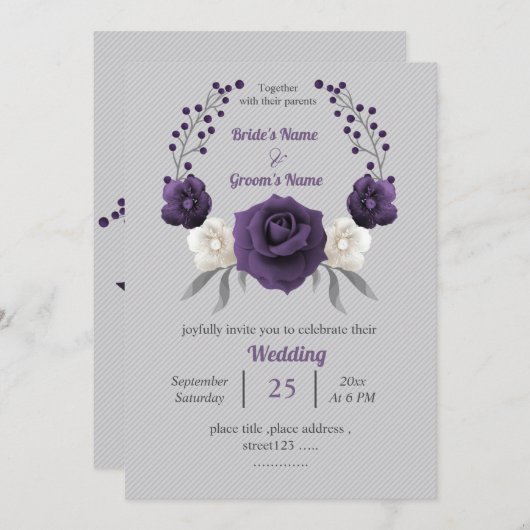 Invitation Mariage gris argenté violet foncé (Devant / Derrière)