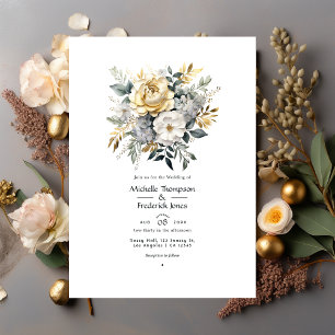 Invitation Mariage Gris Clair, Feuillage et Or à Faux Feuille