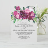 Invitation Mariage gris de colombe à fleurs magenta et rose (Debout devant)