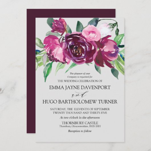 Invitation Mariage gris de colombe à fleurs magenta et rose (Devant / Derrière)