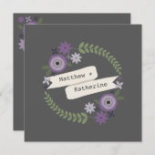 Invitation Mariage gris de guirlande florale pourpre (Devant / Derrière)