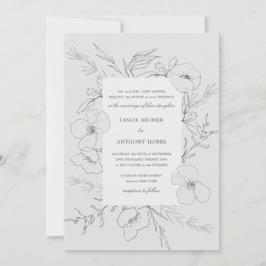 Invitation Mariage gris de Peony esquissé à la main (Devant)