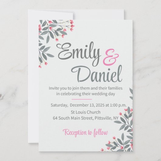 Invitation Mariage gris et rose (Devant)