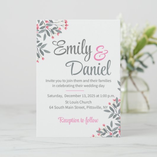 Invitation Mariage gris et rose (Debout devant)