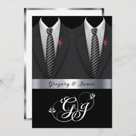 Invitation Mariage gris noir Tuxedos Roses rouges (Devant / Derrière)