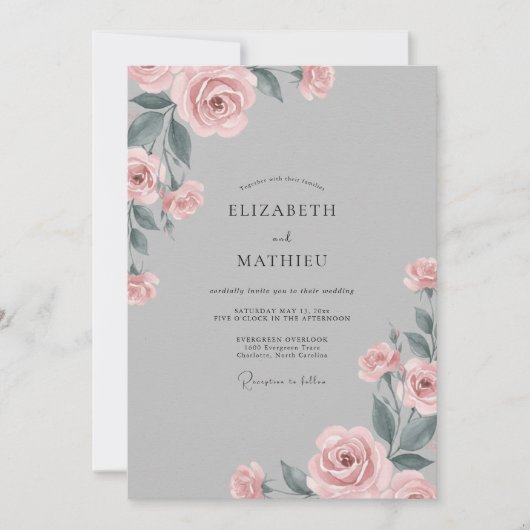 Invitation Mariage Gris Pâle Rose Pétales (Devant)