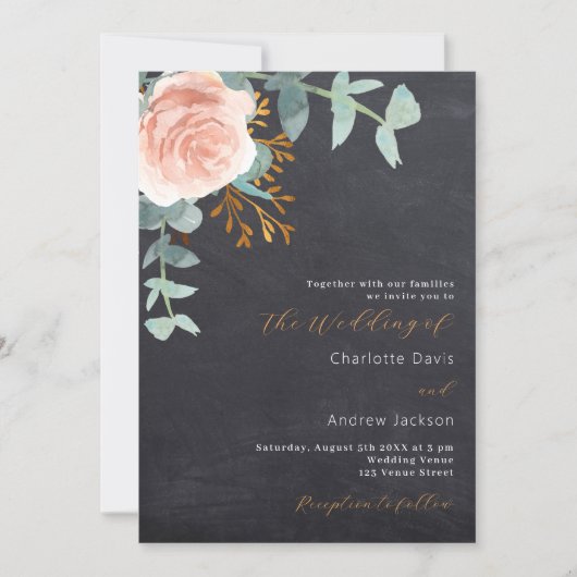 Invitation Mariage gris rose en tableau noir or fleuri (Devant)