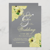 Invitation Mariage gris satin et Mariage jaune pastel (Devant / Derrière)