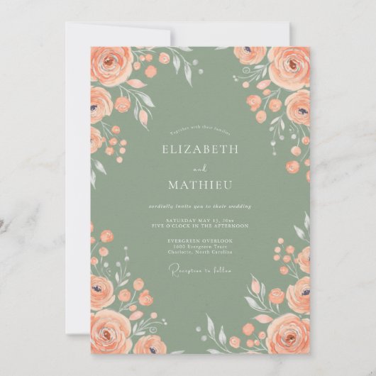Invitation Mariage Gris Sauge Fleur de Pêcher (Devant)