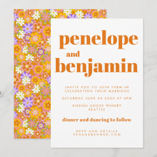 Invitation Mariage Groovy Vintage Fleurs Orange Tout En Un
