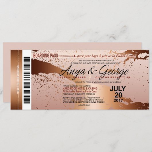 Invitation Mariage Grunge feuille d'or cuivre Anya (Devant / Derrière)
