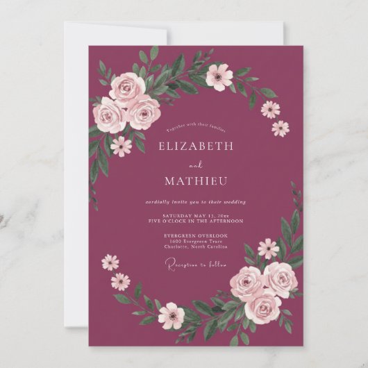 Invitation Mariage Guirlande Florale Délicate de Prune (Devant)