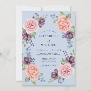 Invitation Mariage Guirlande Florale Romantique Pervenche