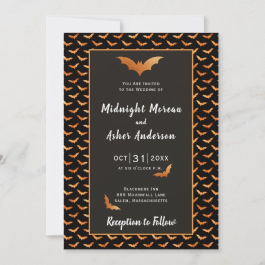 Invitation Mariage Halloween de chauve-souris orange et noir (Devant)