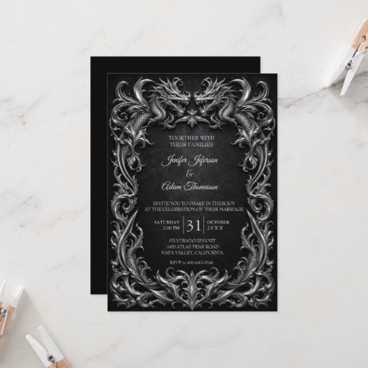 Invitation Mariage Halloween gothique Dragons (Devant/Arrière en situation)