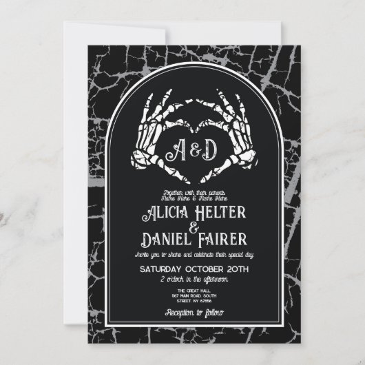 Invitation Mariage Halloween Squelette Coeur mains gothique (Devant)