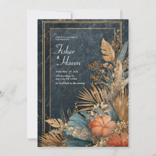 Invitation Mariage Hawaïen Hibiscus Téale Or Marbré Navy