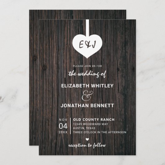 Invitation Mariage Heart Rustic Wood (Devant / Derrière)