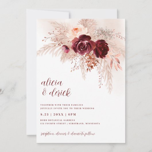 Invitation Mariage Herbe de Pampas Bohème Roses Bourgogne (Devant)
