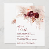 Invitation Mariage Herbe de Pampas Bohème Roses Bourgogne (Devant / Derrière)