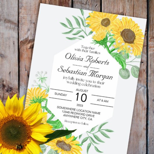 Invitation Mariage hexagone de tournesol jaune aquarelle