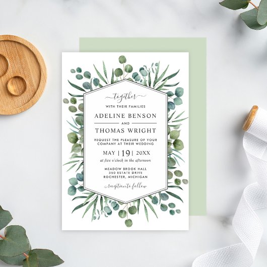 Invitation Mariage Hexagone de Verdure d'Eucalyptus à l'Aquar