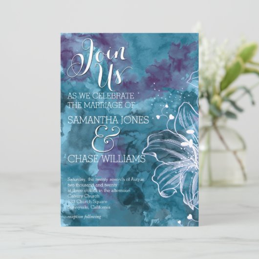 INVITATION MARIAGE HIBISCUS EN COULEUR D'EAU BLEU (Debout devant)