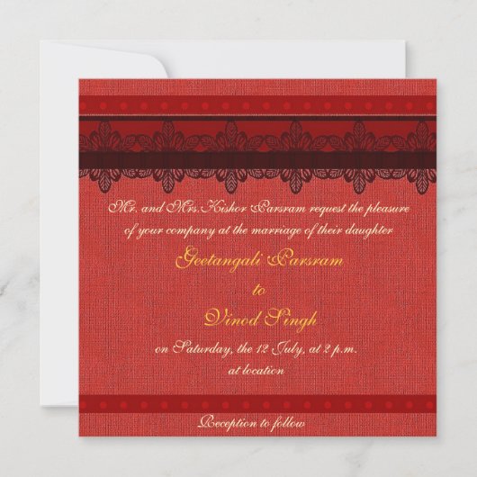 Invitation mariage hindou de la brocade rouge (Devant)