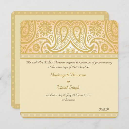 Invitation Mariage hindou de paisley or (Devant / Derrière)