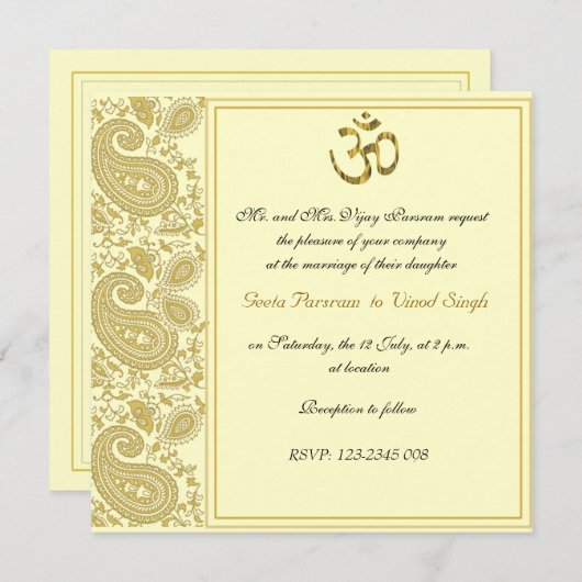 Invitation Mariage hindou de paisley or (Devant / Derrière)