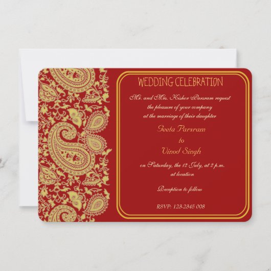 Invitation mariage hindou du paisley rouge et or (Devant)