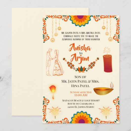 Invitation Mariage hindou floral numérique (Devant / Derrière)