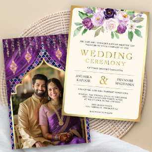 Invitation Mariage hindou indien photo florale or pourpre