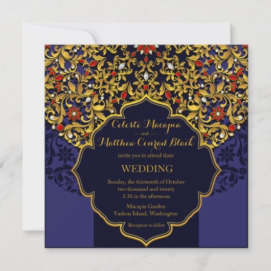 Invitation Mariage Hindou Lux Bijoux or rouge bleu (Devant)
