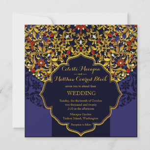 Invitation Mariage Hindou Lux Bijoux or rouge bleu