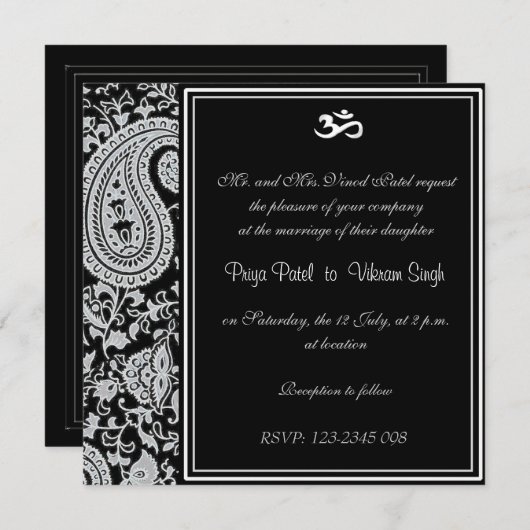 Invitation mariage hindou noir et blanc de Damas (Devant / Derrière)